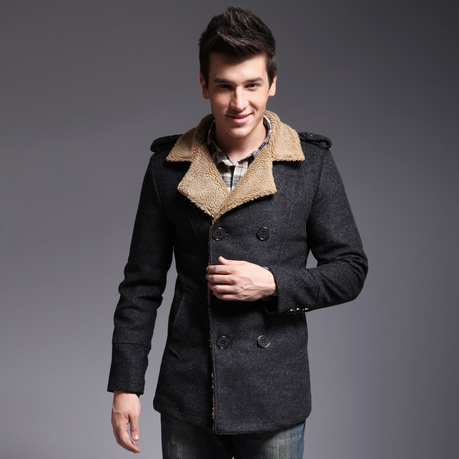 【feel mind】男款英伦风大翻领双排扣毛呢大衣(深灰)