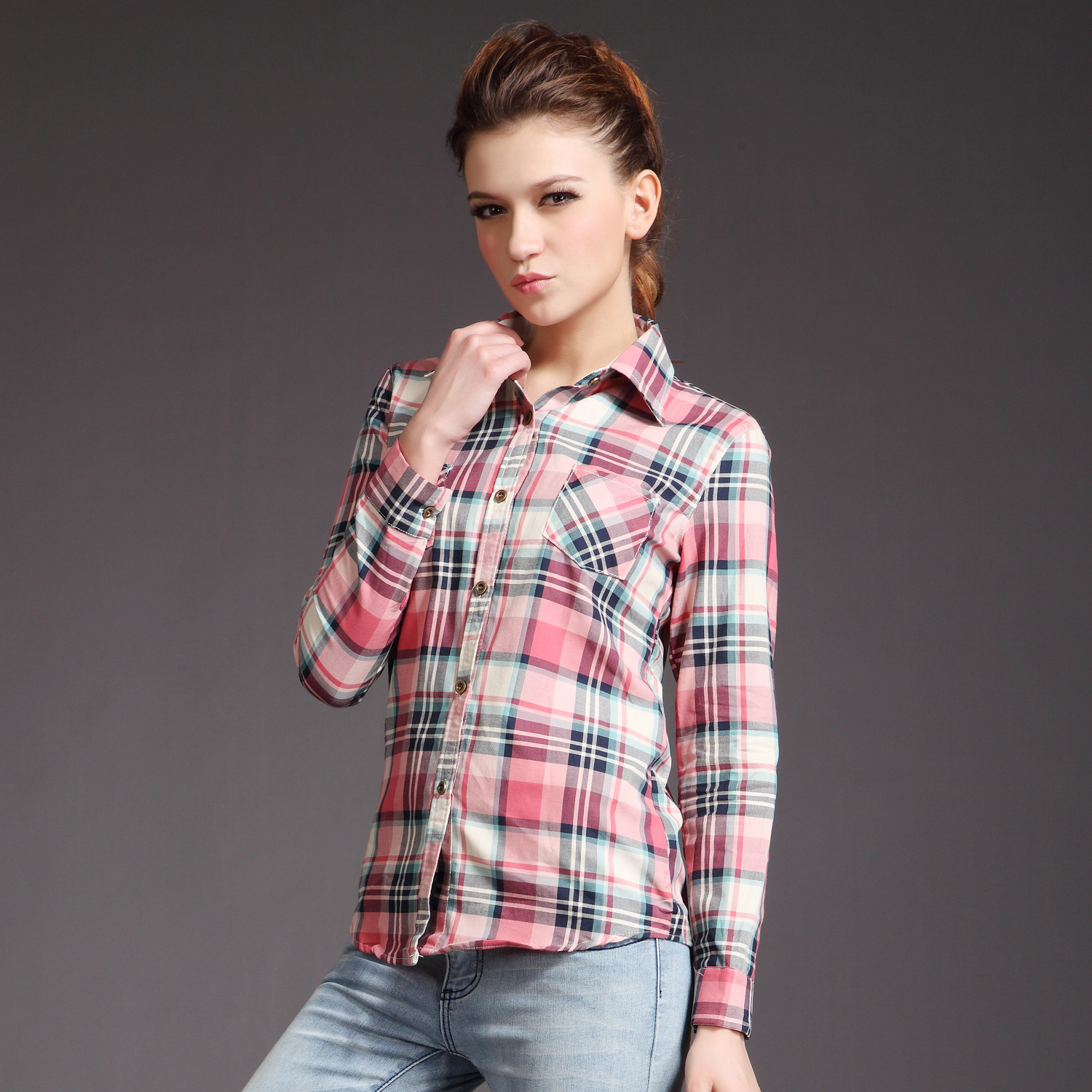 【feel mind】fm女款.经典美式格子衬衣(浅红)